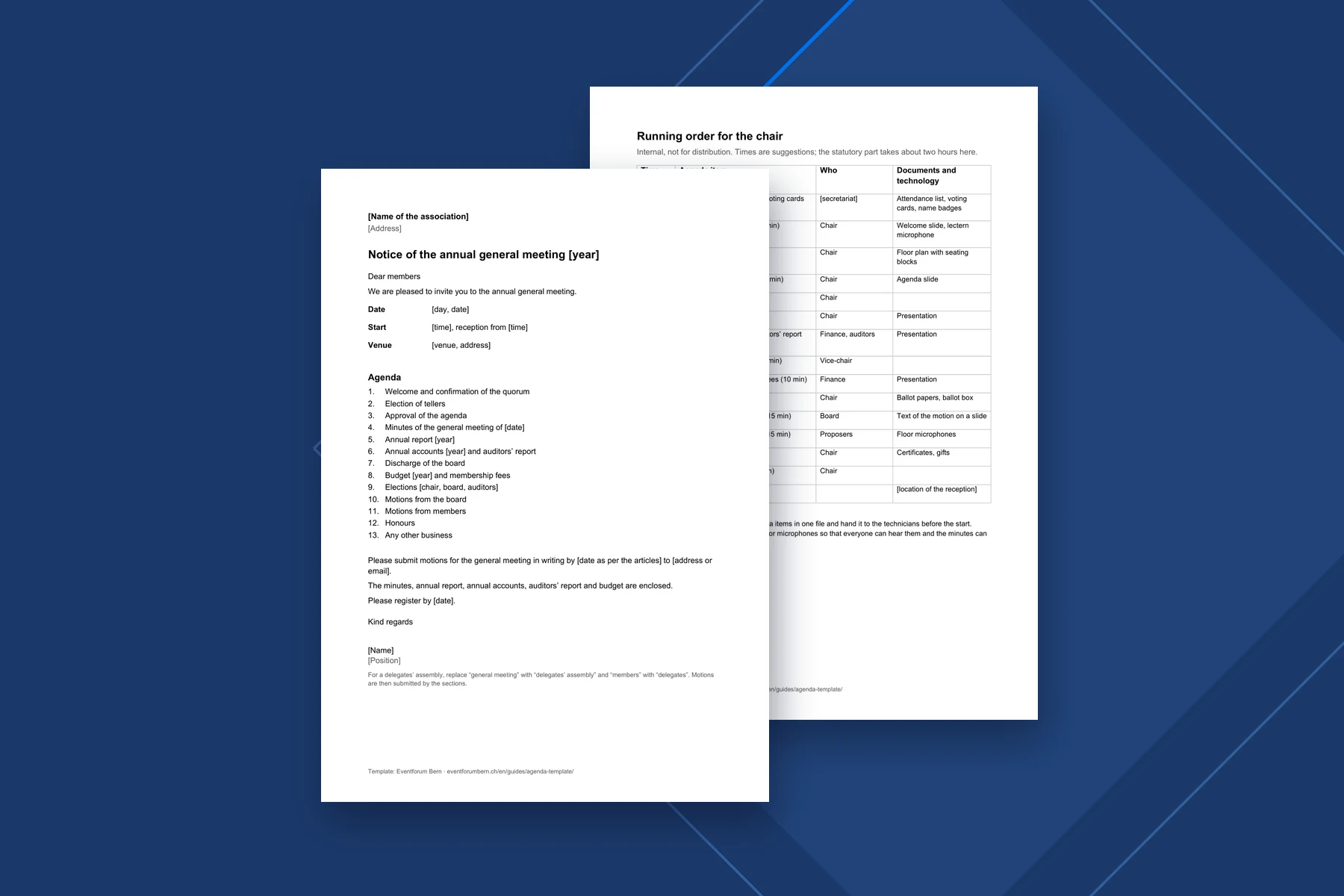 The two pages of the Word template: notice of meeting with agenda, and running order