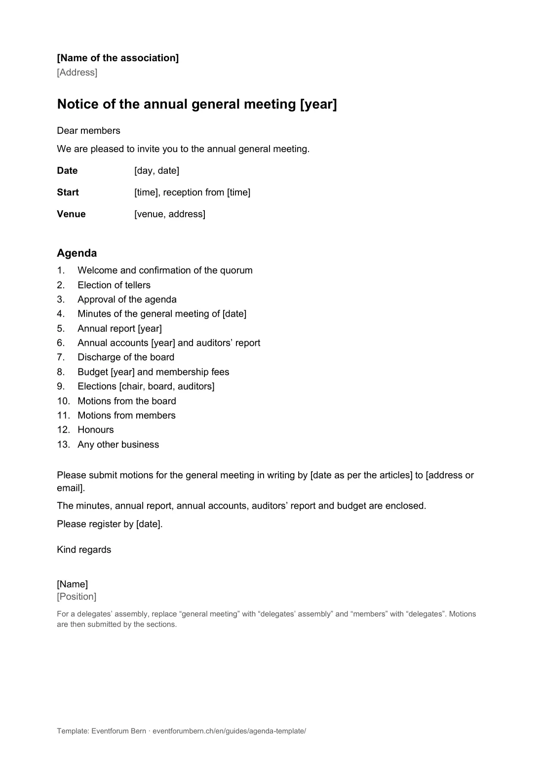 Preview of the Word template, page 1: notice of meeting with agenda