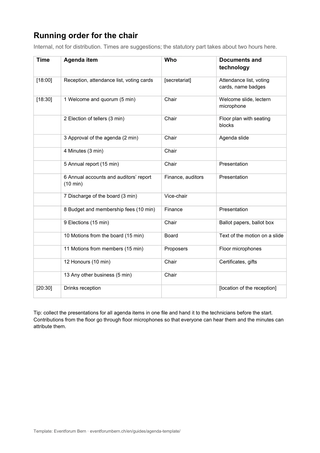 Preview of the Word template, page 2: running order with time budget