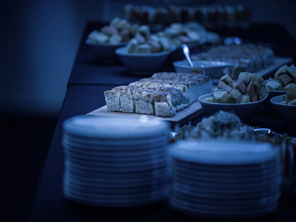 Catering buffet with bread and fruit