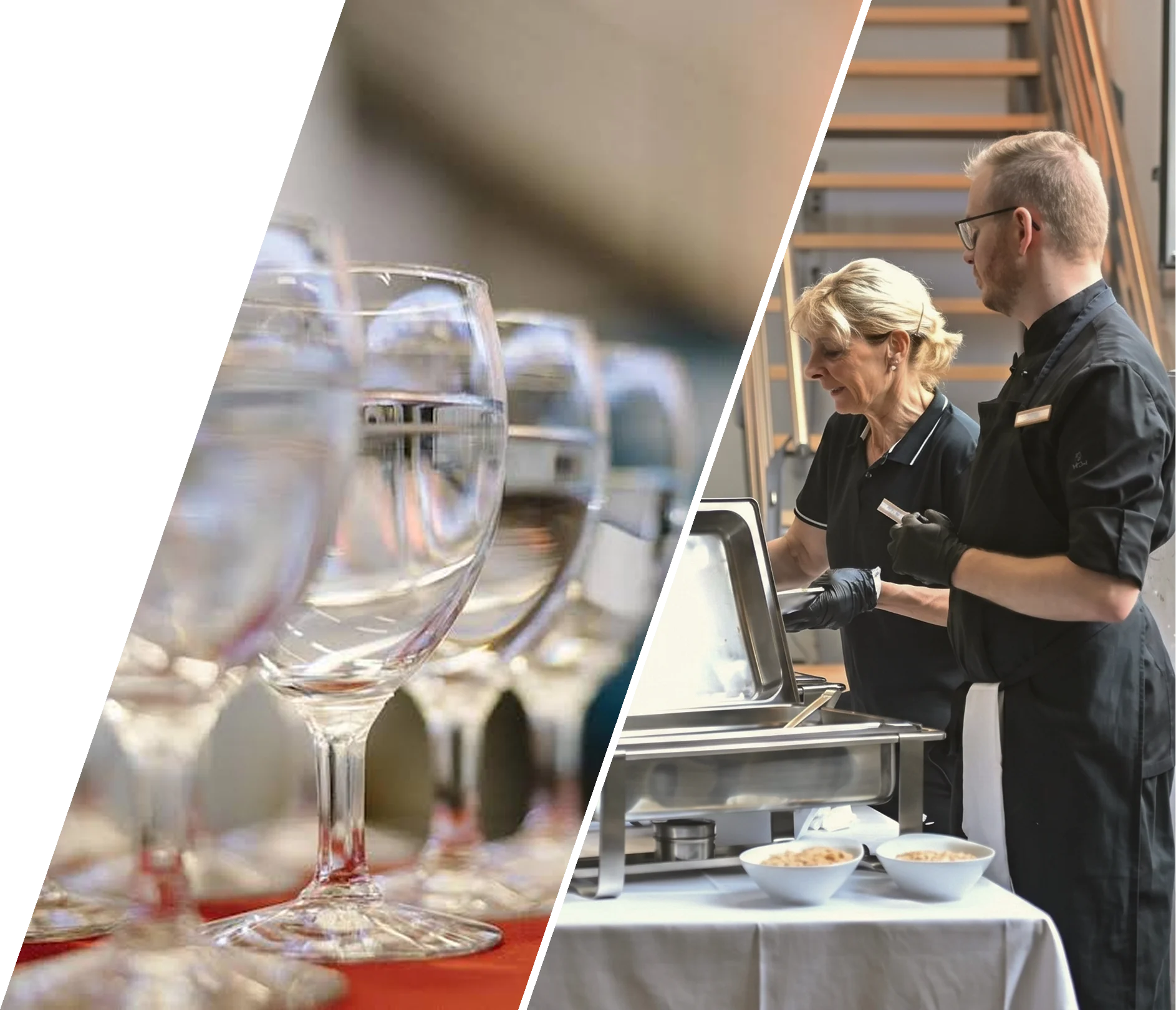 Catering-Service mit aufgereihten Gläsern und Mitarbeitenden am Buffet im Eventforum Bern.
