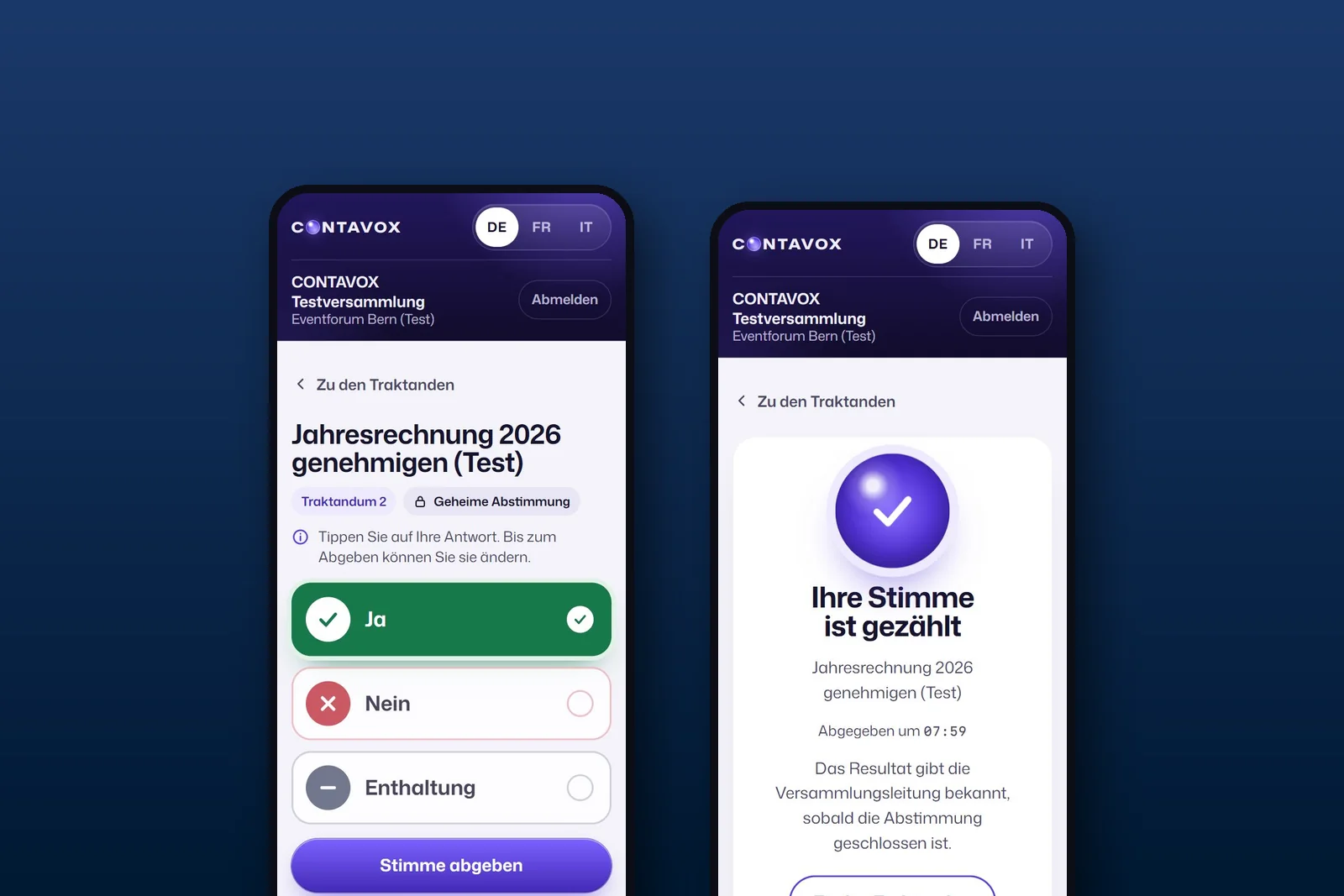 Handy mit CONTAVOX: Abstimmung mit Ja, Nein und Enthaltung, danach die Bestätigung «Ihre Stimme ist gezählt»