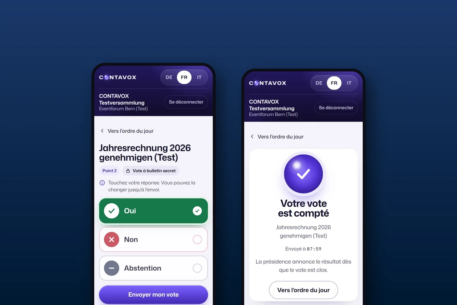 Téléphone avec CONTAVOX : vote oui, non ou abstention, puis la confirmation que la voix est comptée