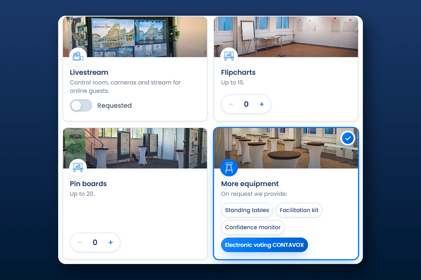 Eventforum booking request with the CONTAVOX option under “More equipment”