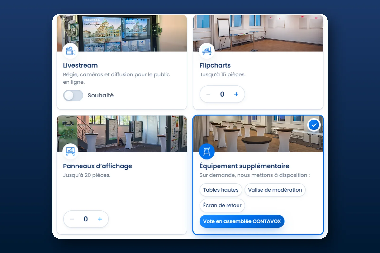 Demande de réservation de l’Eventforum avec le choix CONTAVOX sous « Équipement supplémentaire »