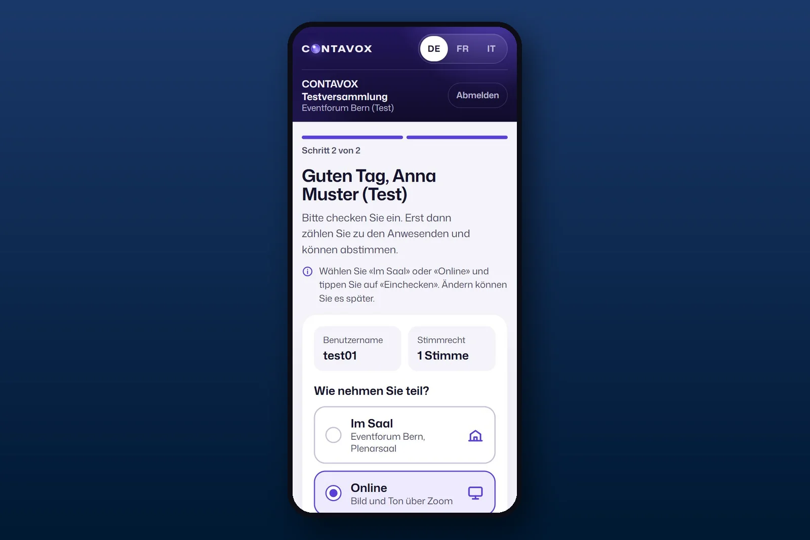 CONTAVOX auf dem Handy: einchecken im Saal oder online