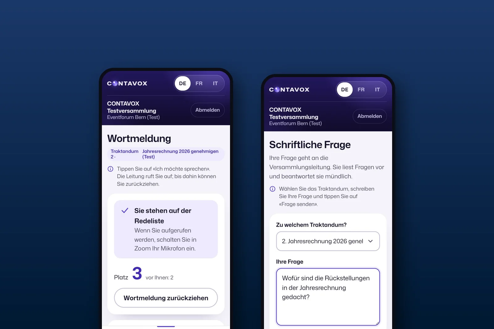 Handy mit CONTAVOX: Redeliste und schriftliche Frage an die Versammlungsleitung