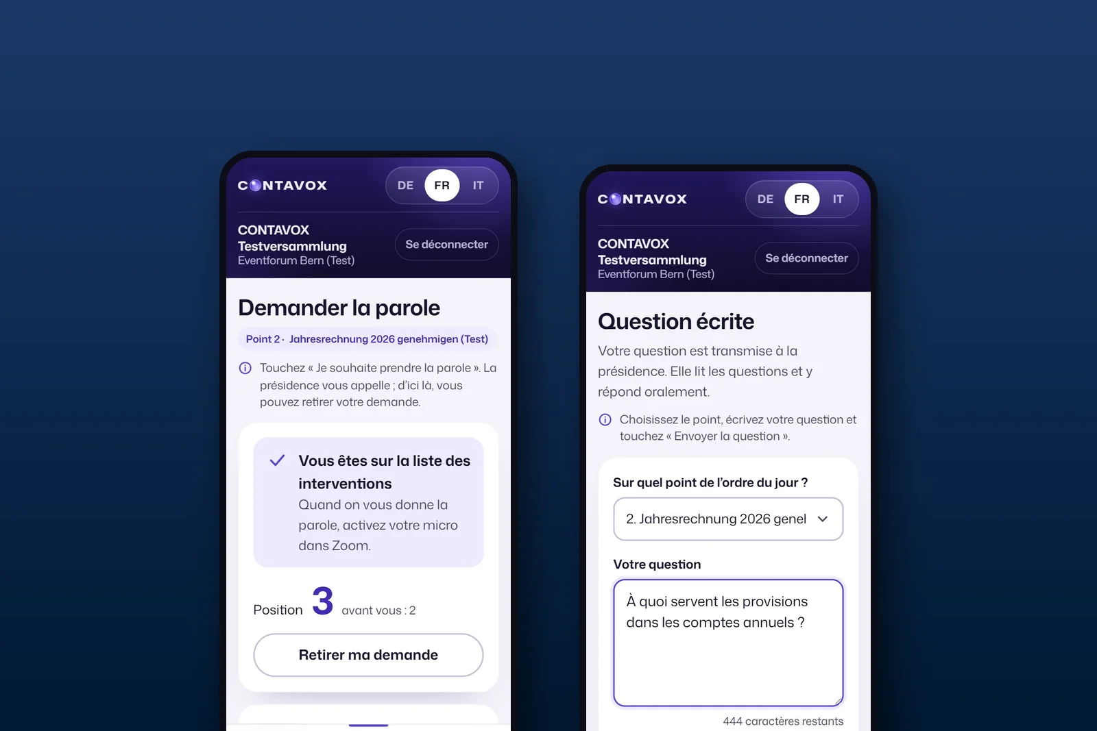 Téléphone avec CONTAVOX : liste des orateurs et question écrite à la direction de l’assemblée