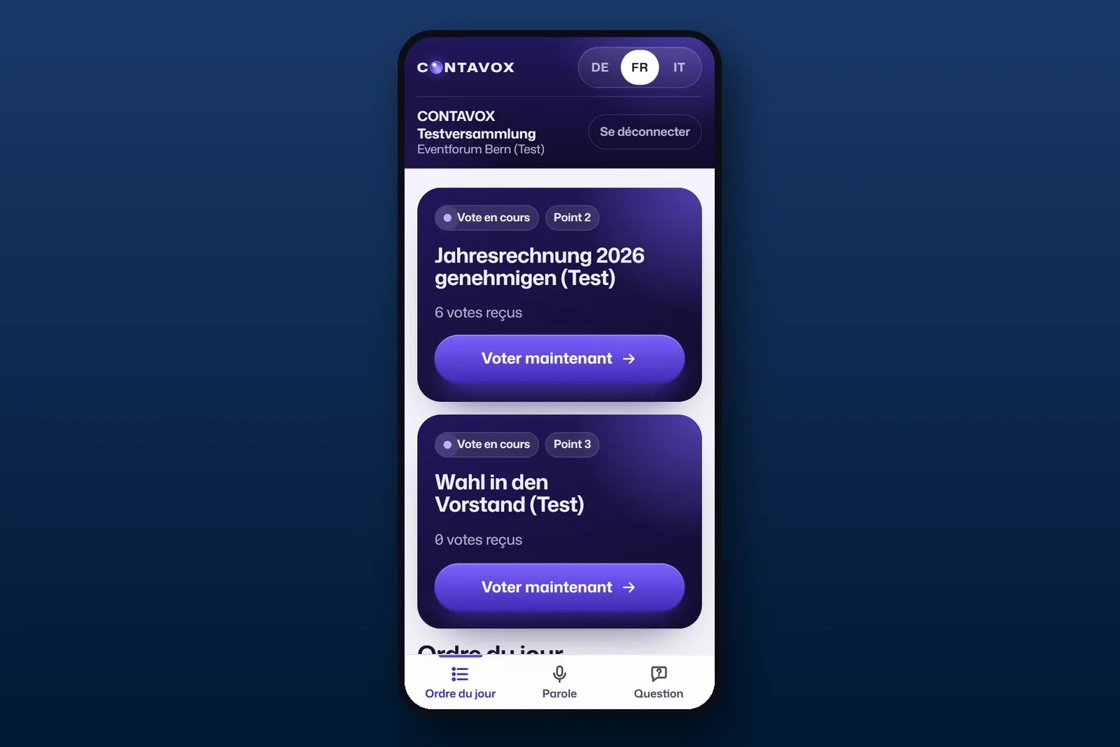 Téléphone avec CONTAVOX : ordre du jour avec le vote en cours