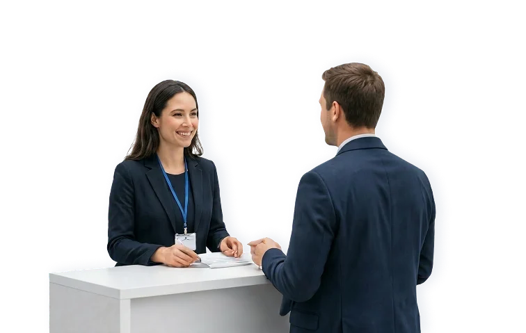 Beratungsgespräch am Empfang als Symbol für einen zentralen Ansprechpartner bei Veranstaltungen.