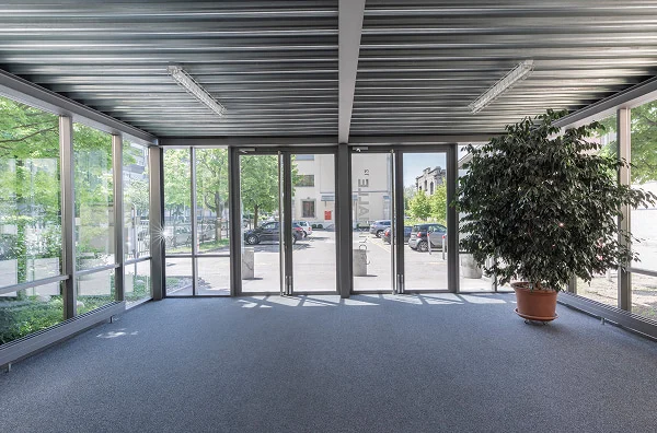 Heller Eingangsbereich mit Glasfront, Metalltüren und grosser Pflanze im Innenraum.