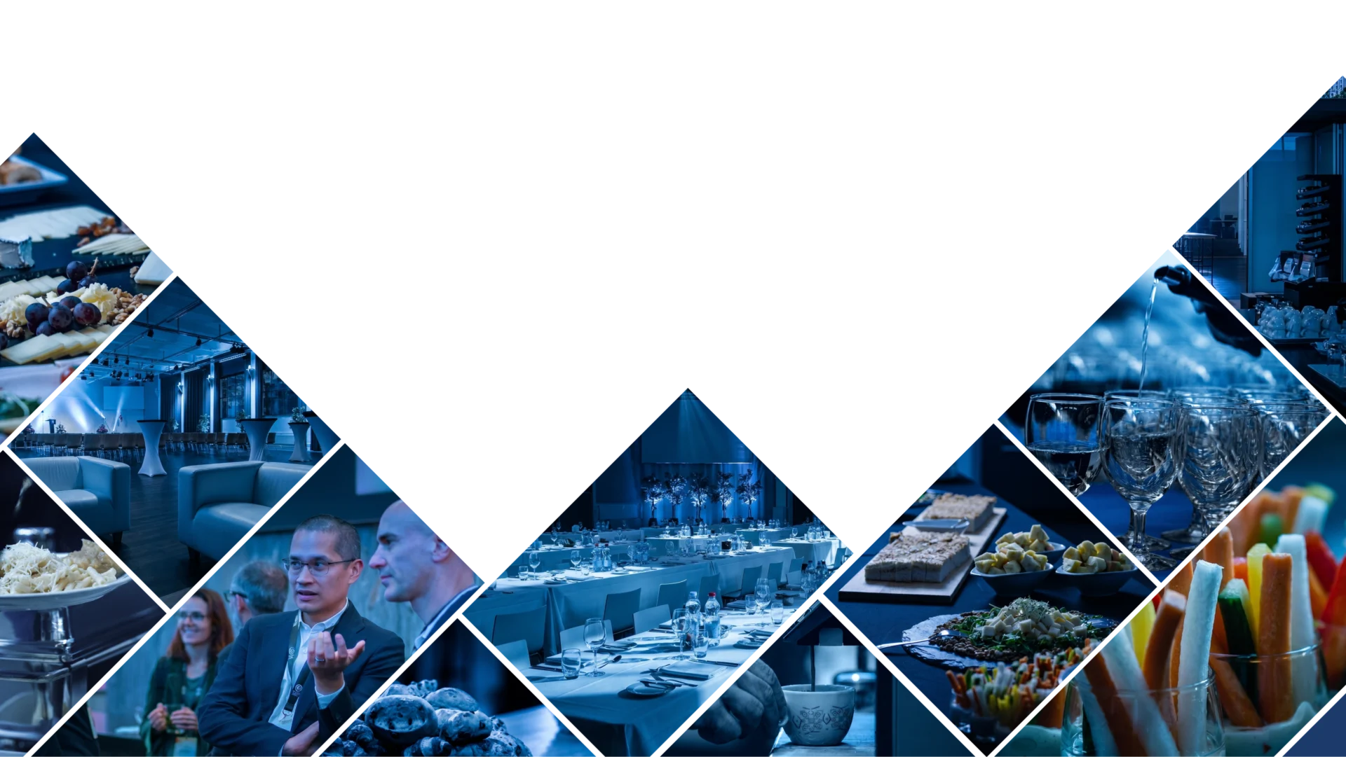 Collage mit Catering, gedecktem Veranstaltungsraum, Getränken und Teilnehmenden bei einem Event im Eventforum Bern.