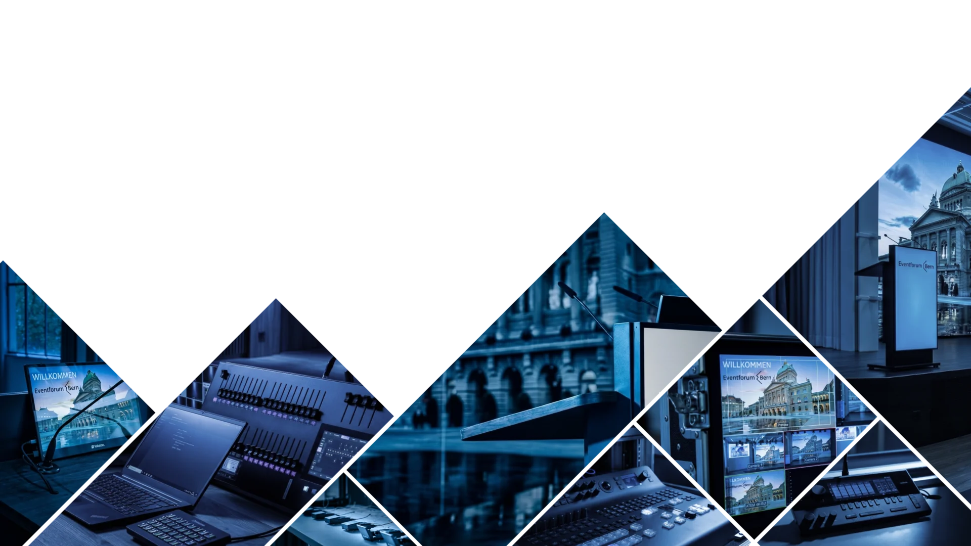 Collage mit Veranstaltungstechnik, Regiepult, Präsentationsmonitoren und Rednerpult im Eventforum Bern.