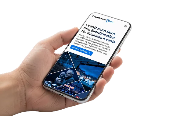 Hand hält Smartphone mit der Website des Eventforum Bern für Business-Events