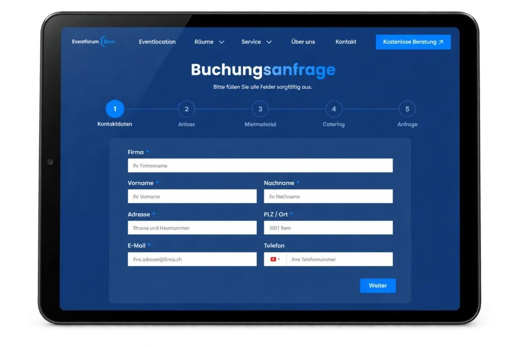 Tablet mock-up of the Eventforum booking form showing the five enquiry steps