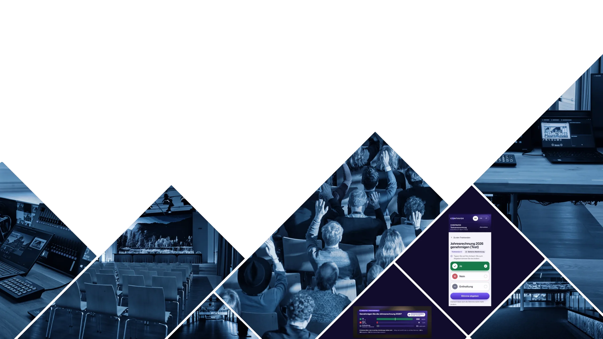 Collage mit Eventhalle, Technik und der Abstimmungs-App CONTAVOX im Eventforum Bern