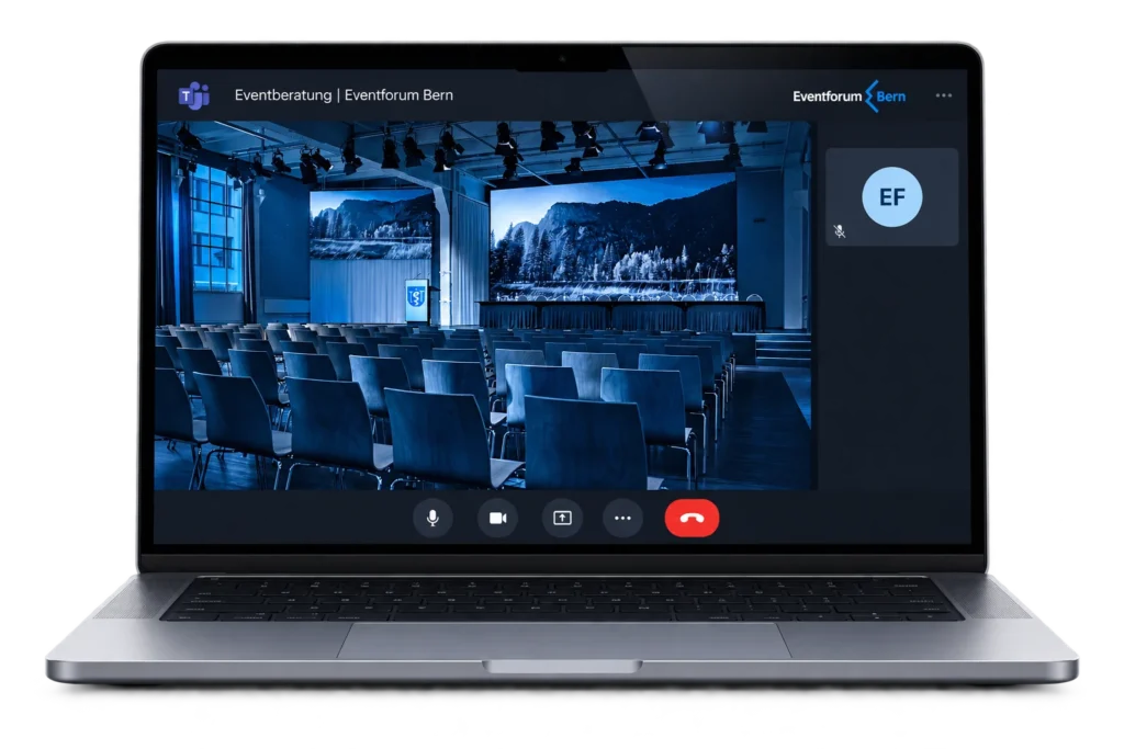 Visualisation of a Teams consultation with Eventforum Bern's event space on screen