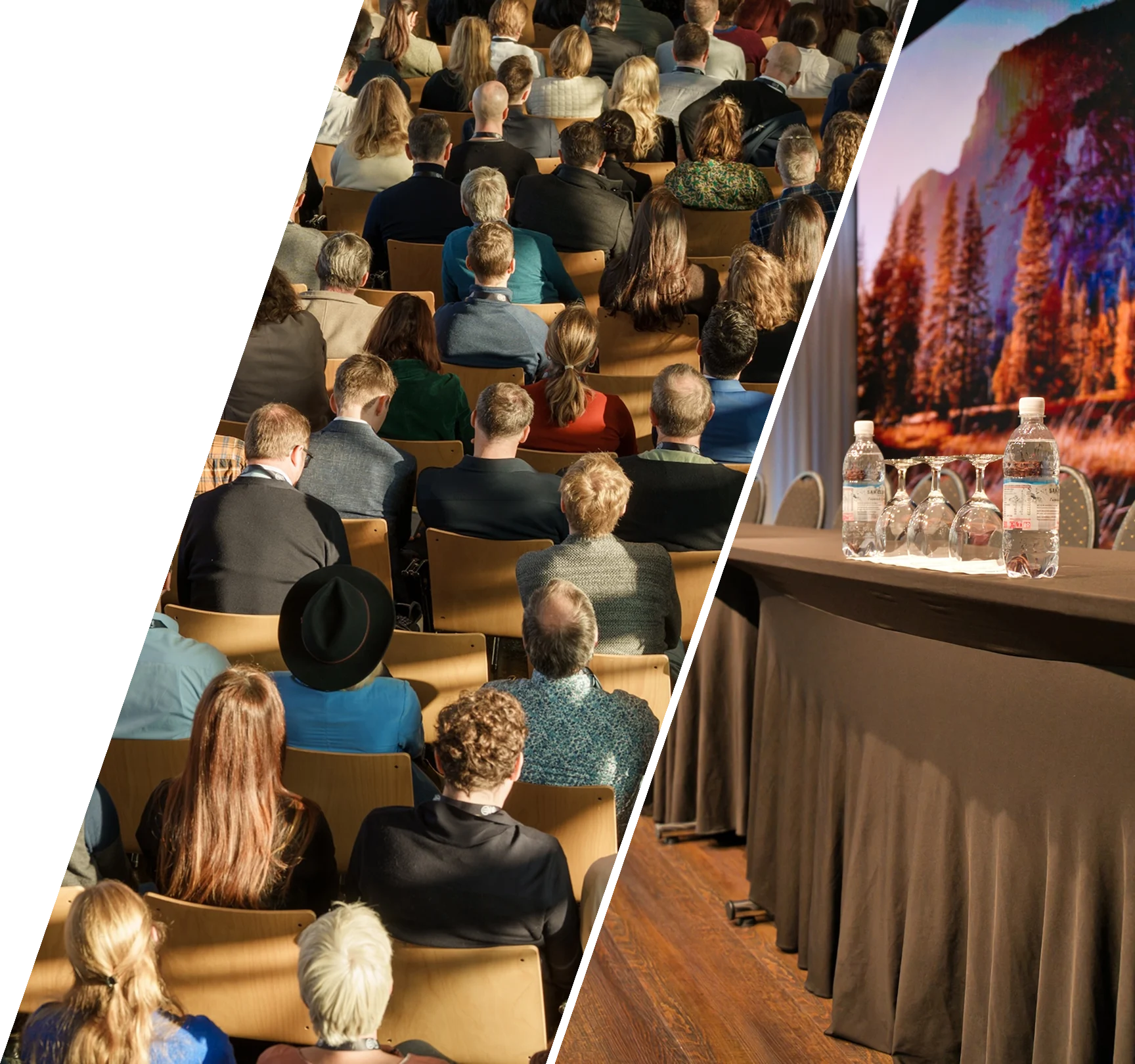 Collage mit Publikum in Reihenbestuhlung und Podiumstisch vor LED-Wand im Eventforum Bern.