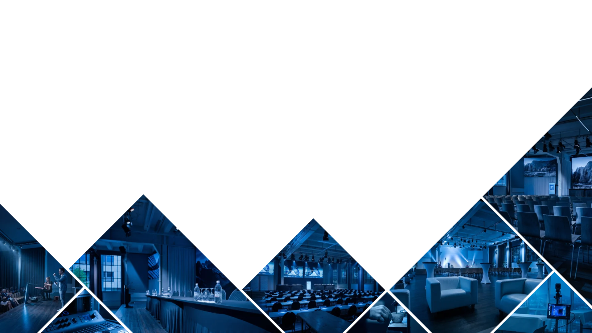 Collage mit Eventhalle, Bühne, Publikum, Regietechnik, Lounge und Cateringbereich im Eventforum Bern.
