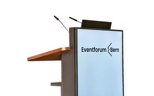 Rednerpult mit Eventforum-Bern-Logo für Vorträge und Veranstaltungen.