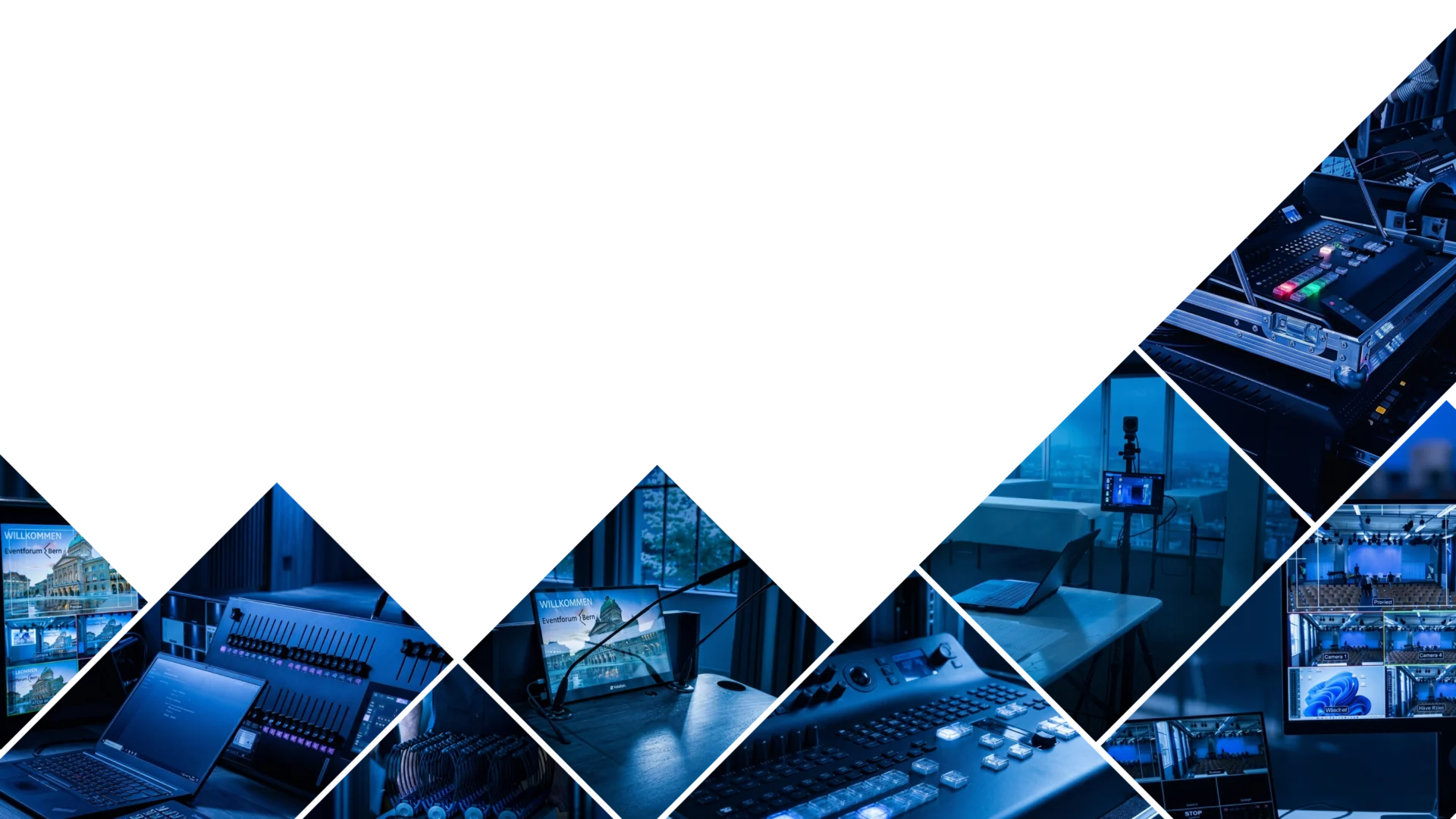 Collage mit Livestream-Regie, Mikrofonen, Kameratechnik und Monitoransichten im Eventforum Bern.