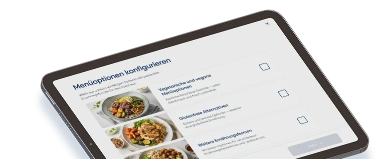 Tablet mit Menüoptionen für vegetarische, vegane und glutenfreie Ernährung.
