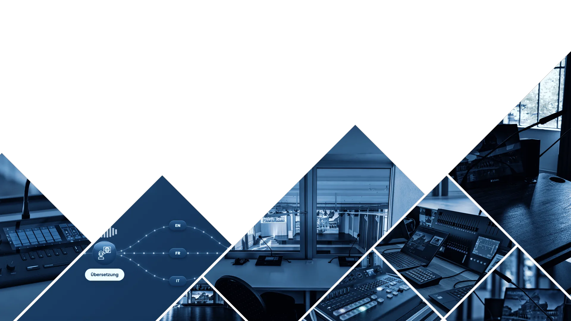 Collage mit Dolmetscherkabine, KADENZ-Studio, Rednerpult und Regietechnik im Eventforum Bern