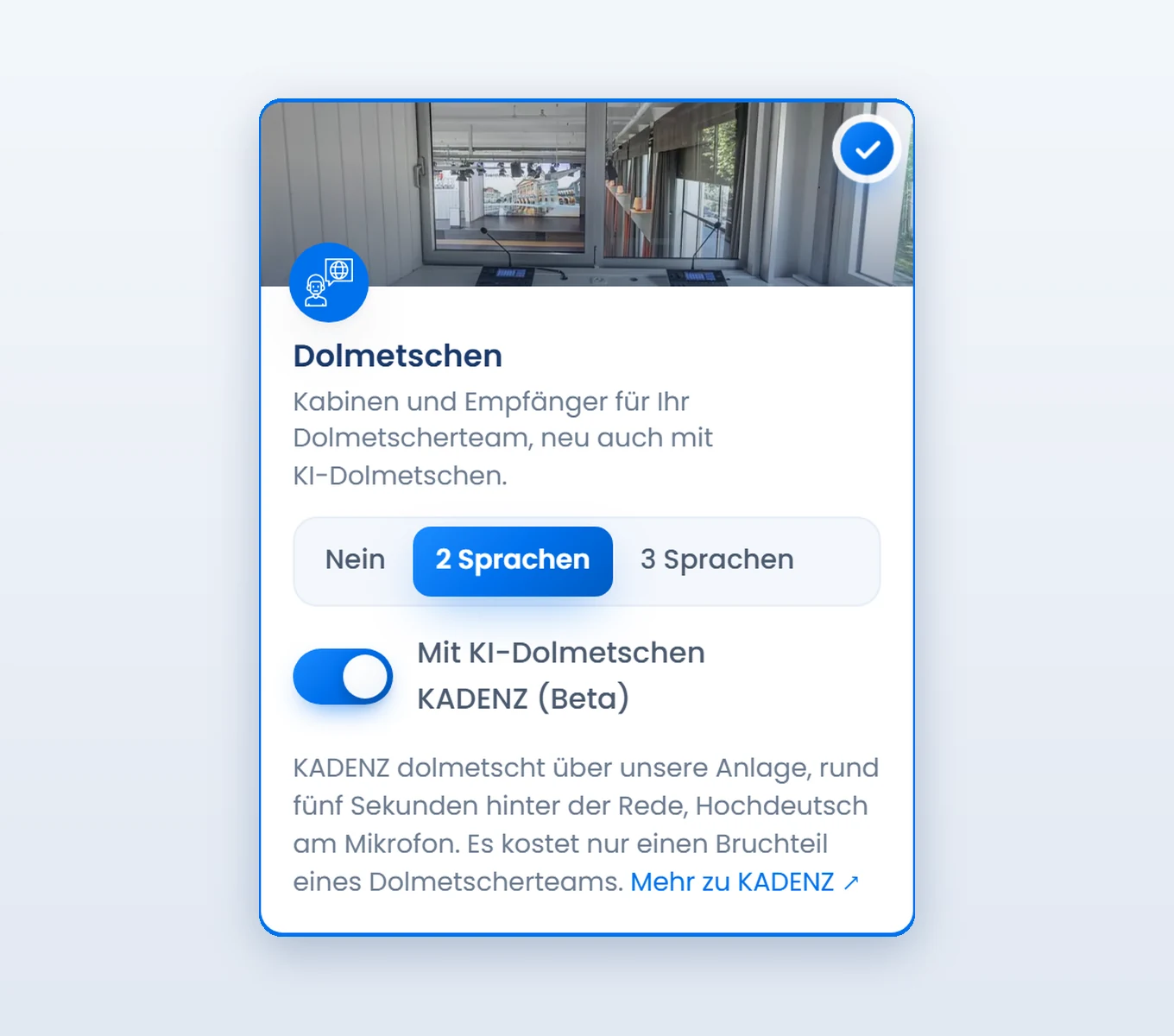 Der Buchungskonfigurator mit dem Schalter «Mit KI-Dolmetschen KADENZ (Beta)»