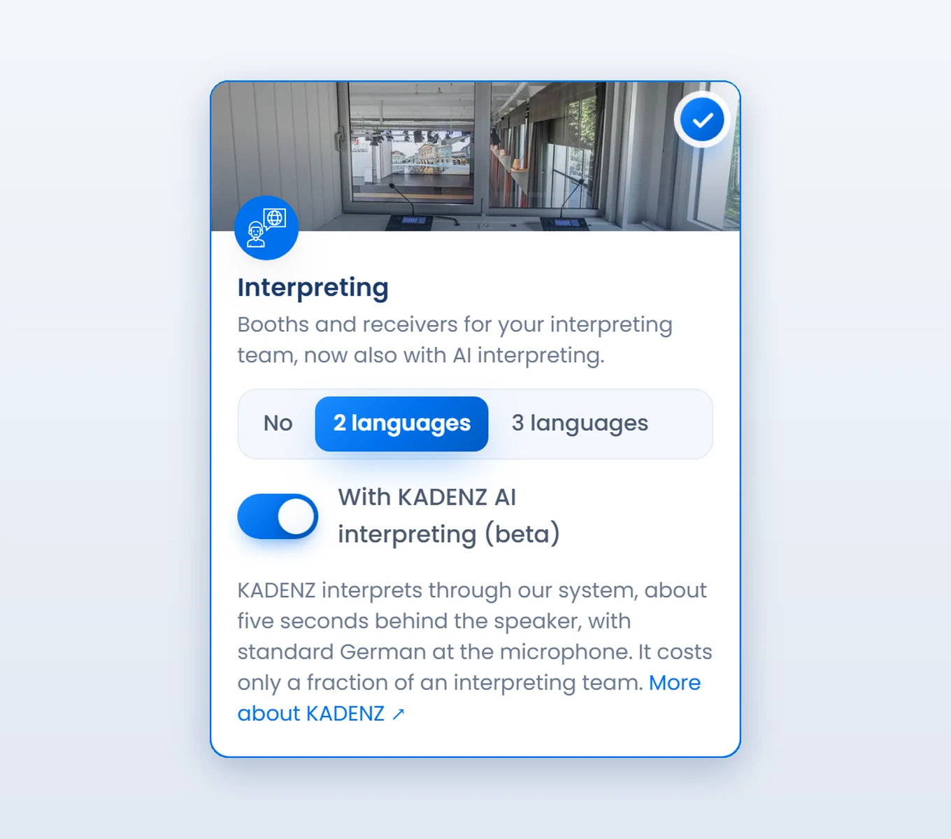 The booking configurator with the switch “With KADENZ AI interpreting (beta)”.