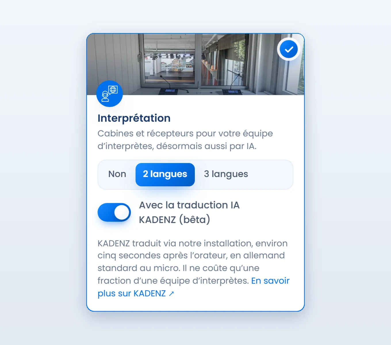 Le configurateur de réservation avec l’option « Avec la traduction IA KADENZ (bêta) ».
