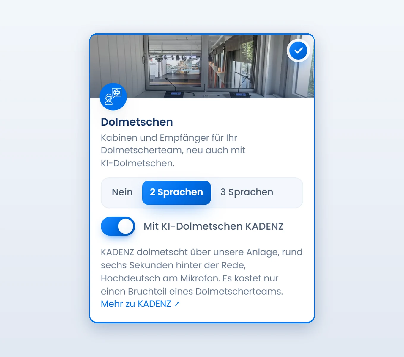 Der Buchungskonfigurator mit dem Schalter «Mit KI-Dolmetschen KADENZ»