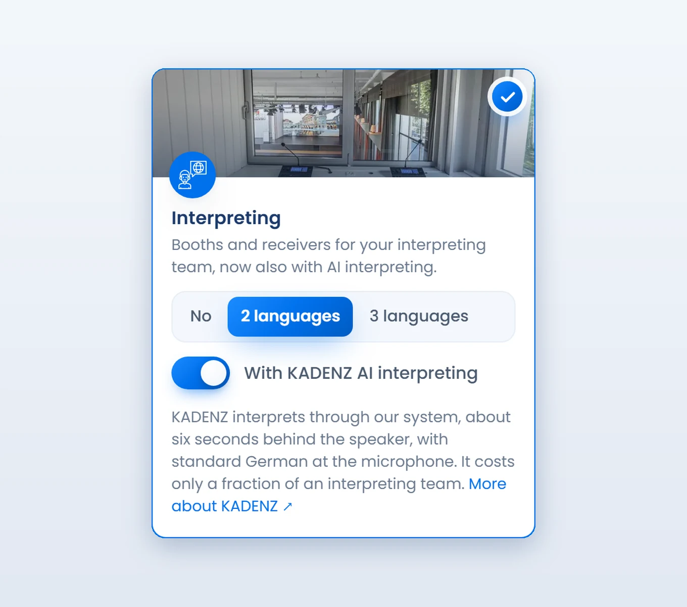 The booking configurator with the switch “With KADENZ AI interpreting”.