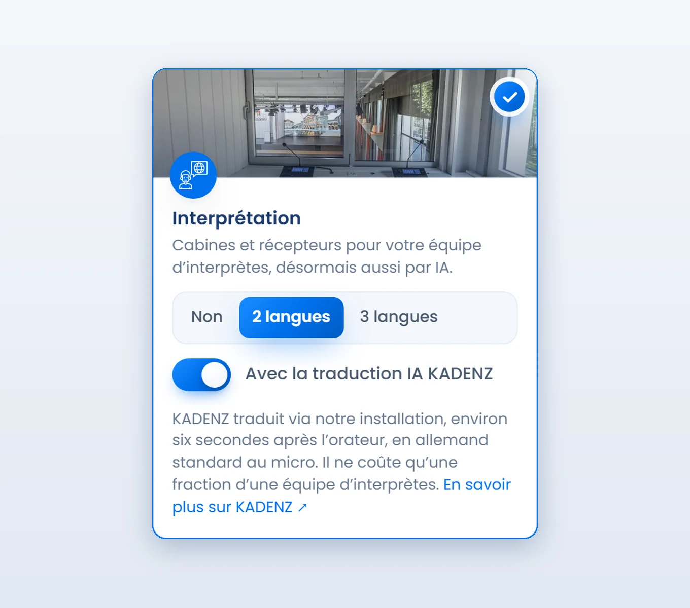 Le configurateur de réservation avec l’option « Avec la traduction IA KADENZ ».