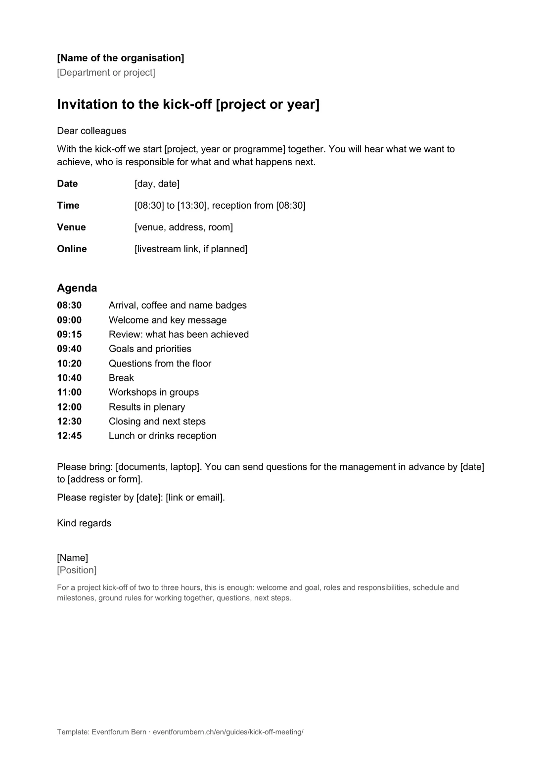 Preview of the Word template, page 1: invitation with agenda