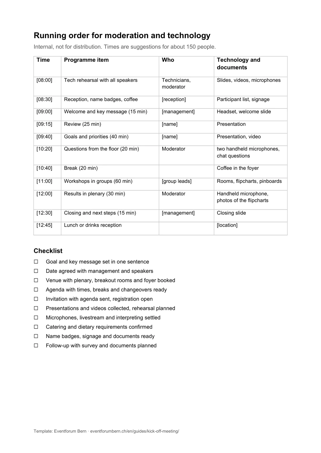 Preview of the Word template, page 2: running order and checklist