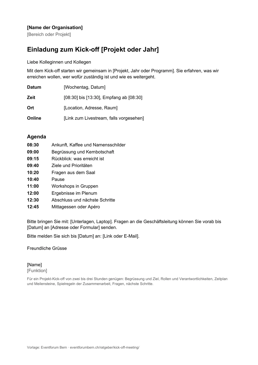 Vorschau der Word-Vorlage, Seite 1: Einladung mit Agenda