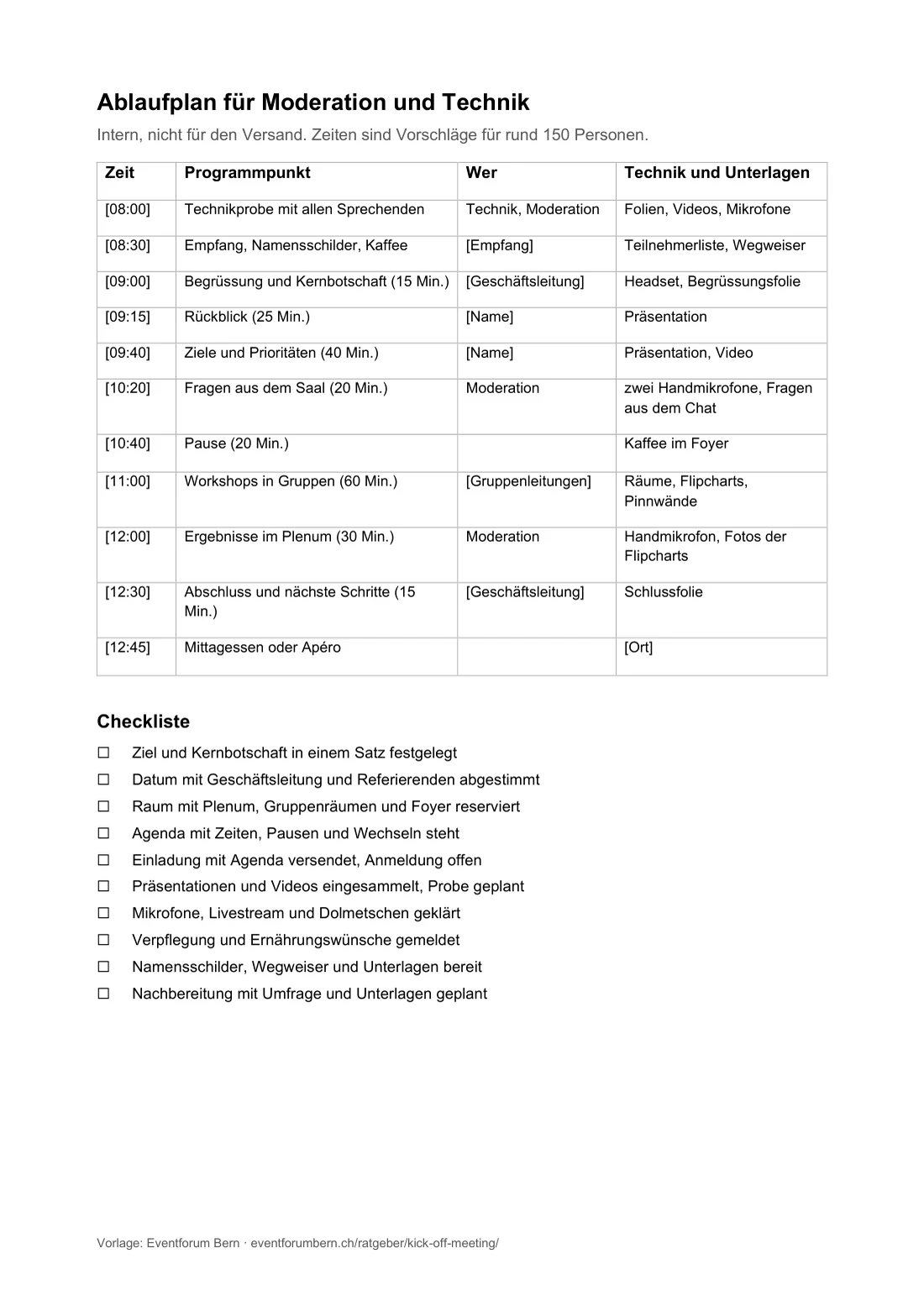 Vorschau der Word-Vorlage, Seite 2: Ablaufplan und Checkliste