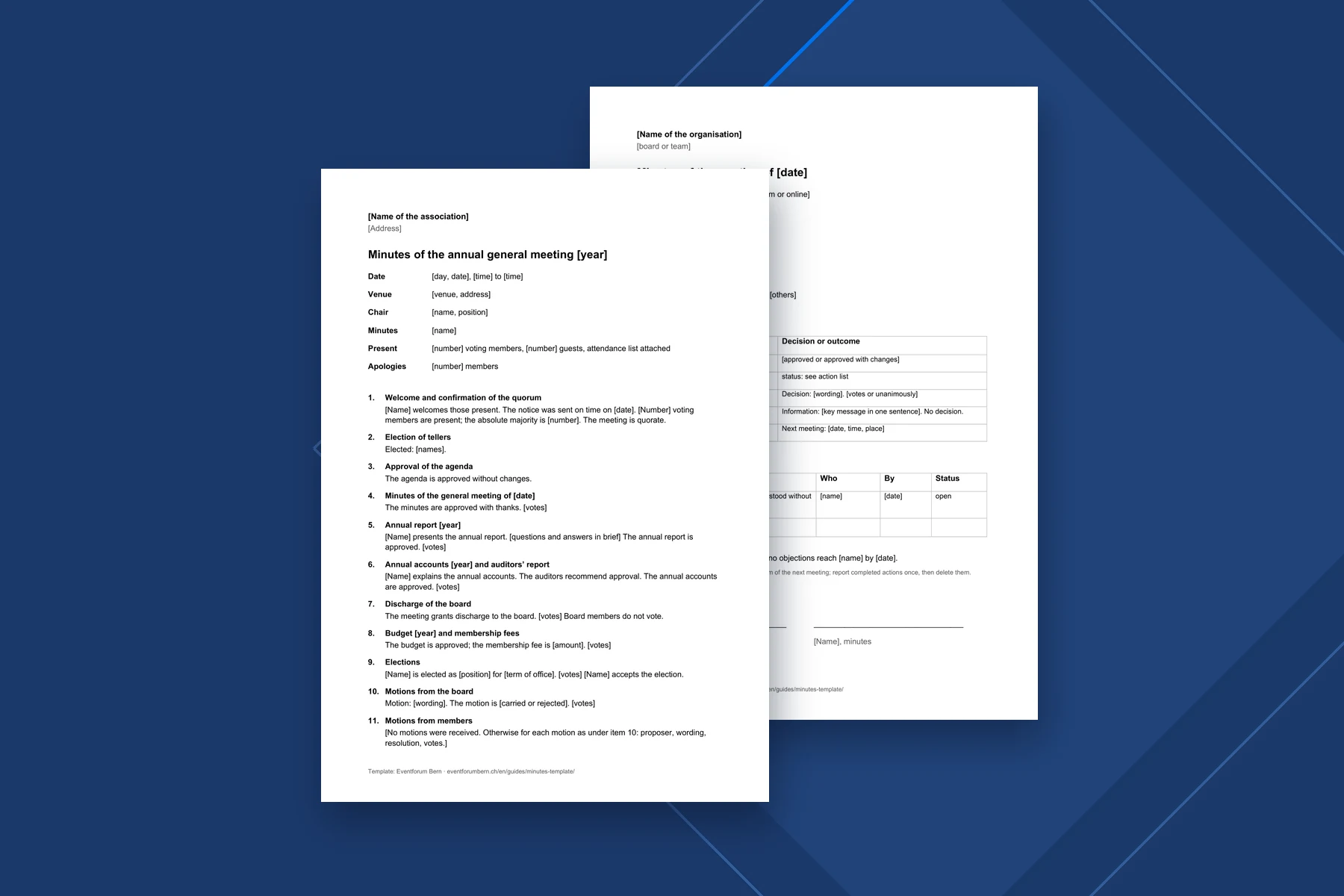 Two pages of the Word template: minutes of a general meeting and of a meeting