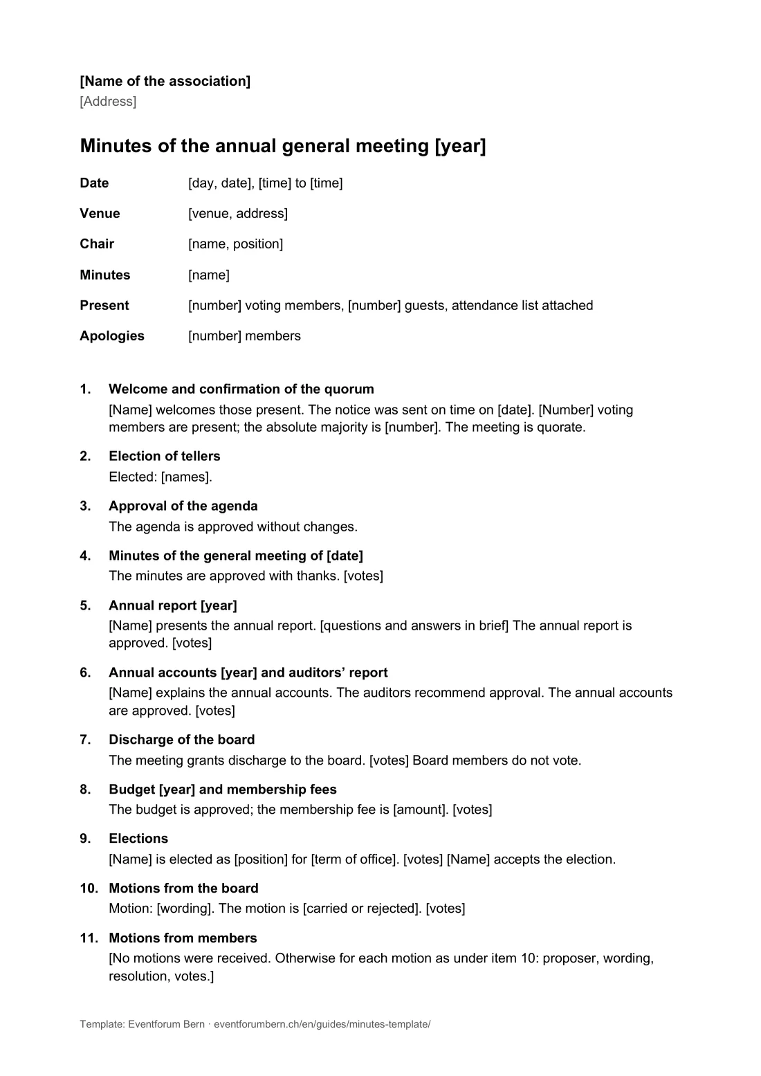 Preview of the Word template, page 1: minutes of a general meeting