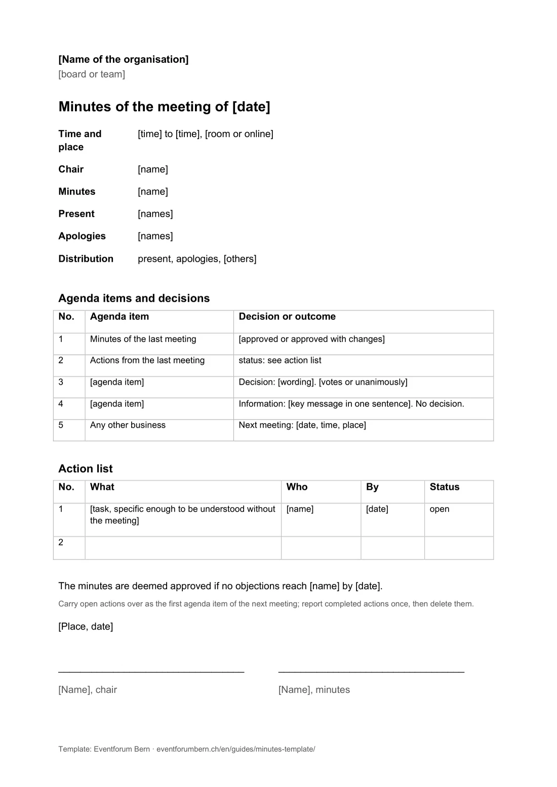 Preview of the Word template, page 3: minutes of a meeting with an action list