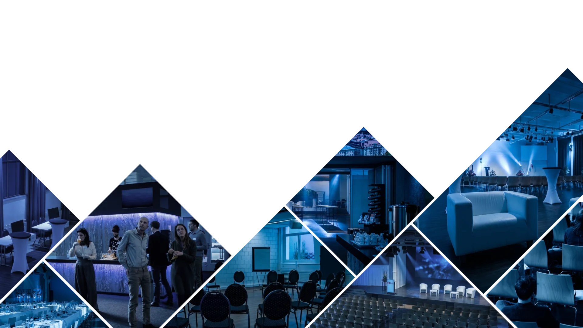 Collage mit Eventhalle, Lounge-Mobiliar, Cateringbereich und Bestuhlung im Eventforum Bern.