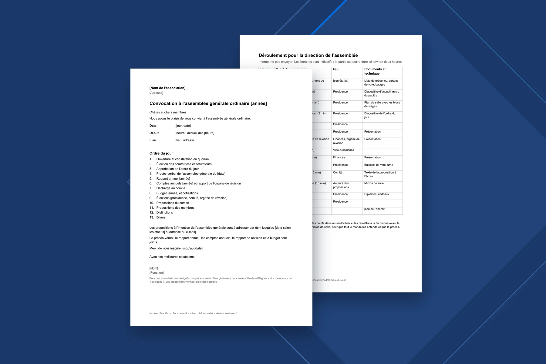 Les deux pages du modèle Word : convocation avec ordre du jour et plan de déroulement