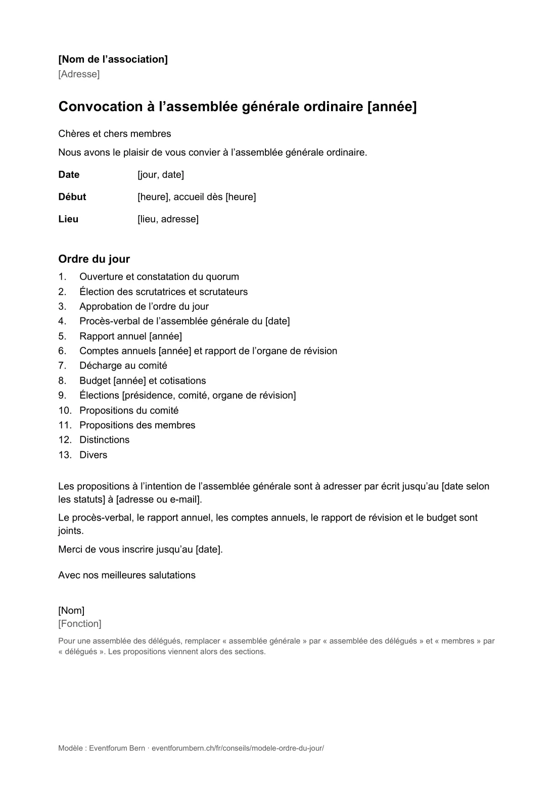 Aperçu du modèle Word, page 1 : convocation avec ordre du jour