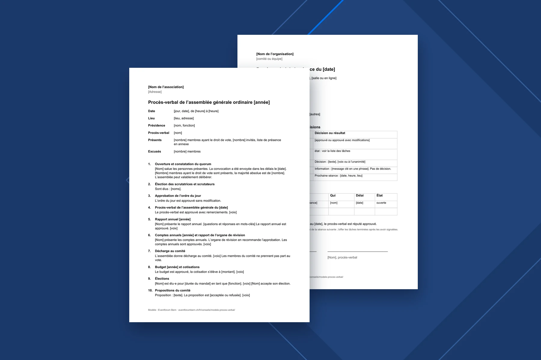 Deux pages du modèle Word : procès-verbal d'une assemblée générale et d'une séance