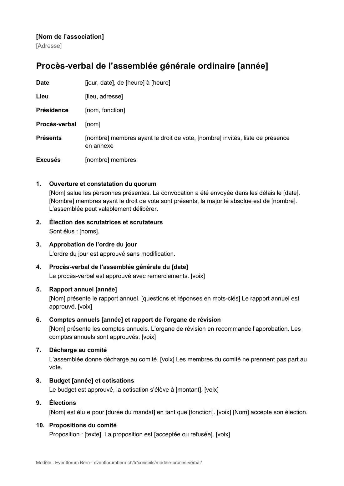 Aperçu du modèle Word, page 1 : procès-verbal d'une assemblée générale
