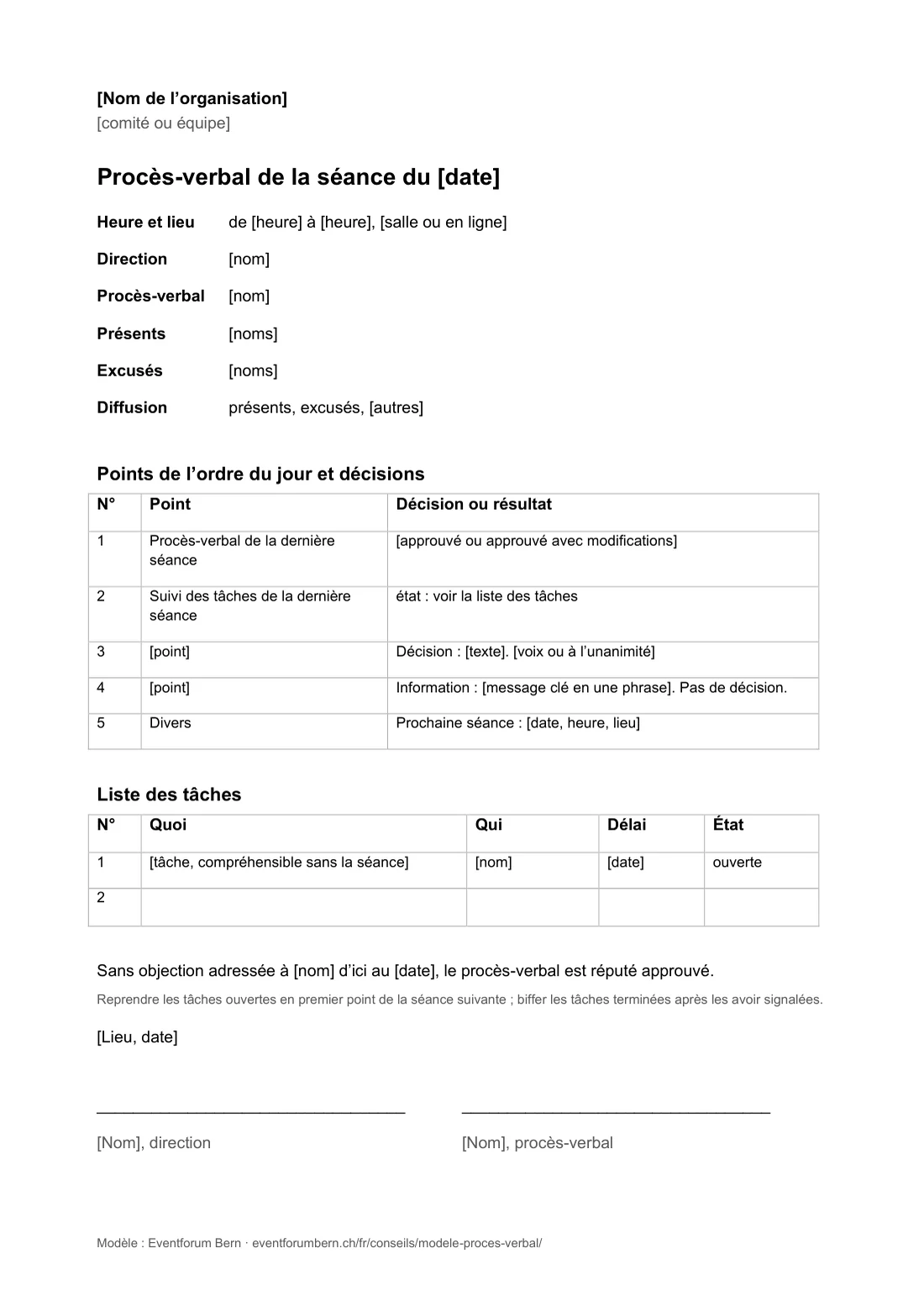 Aperçu du modèle Word, page 3 : procès-verbal d'une séance avec liste des tâches