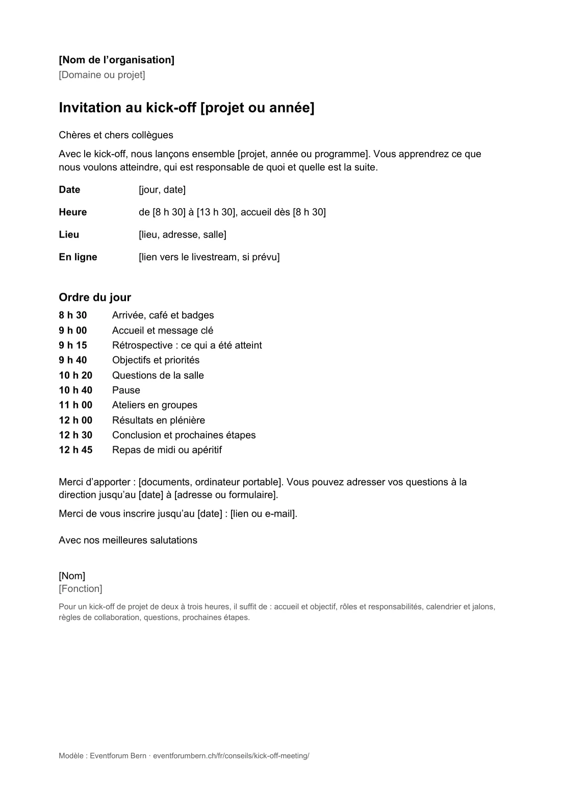 Aperçu du modèle Word, page 1 : invitation avec ordre du jour