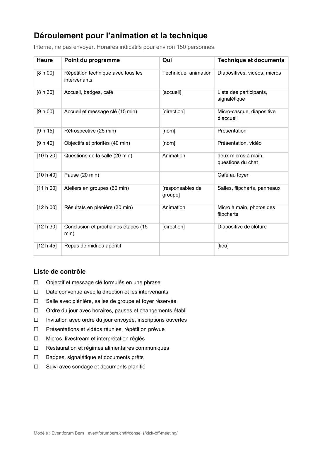 Aperçu du modèle Word, page 2 : plan de déroulement et liste de contrôle
