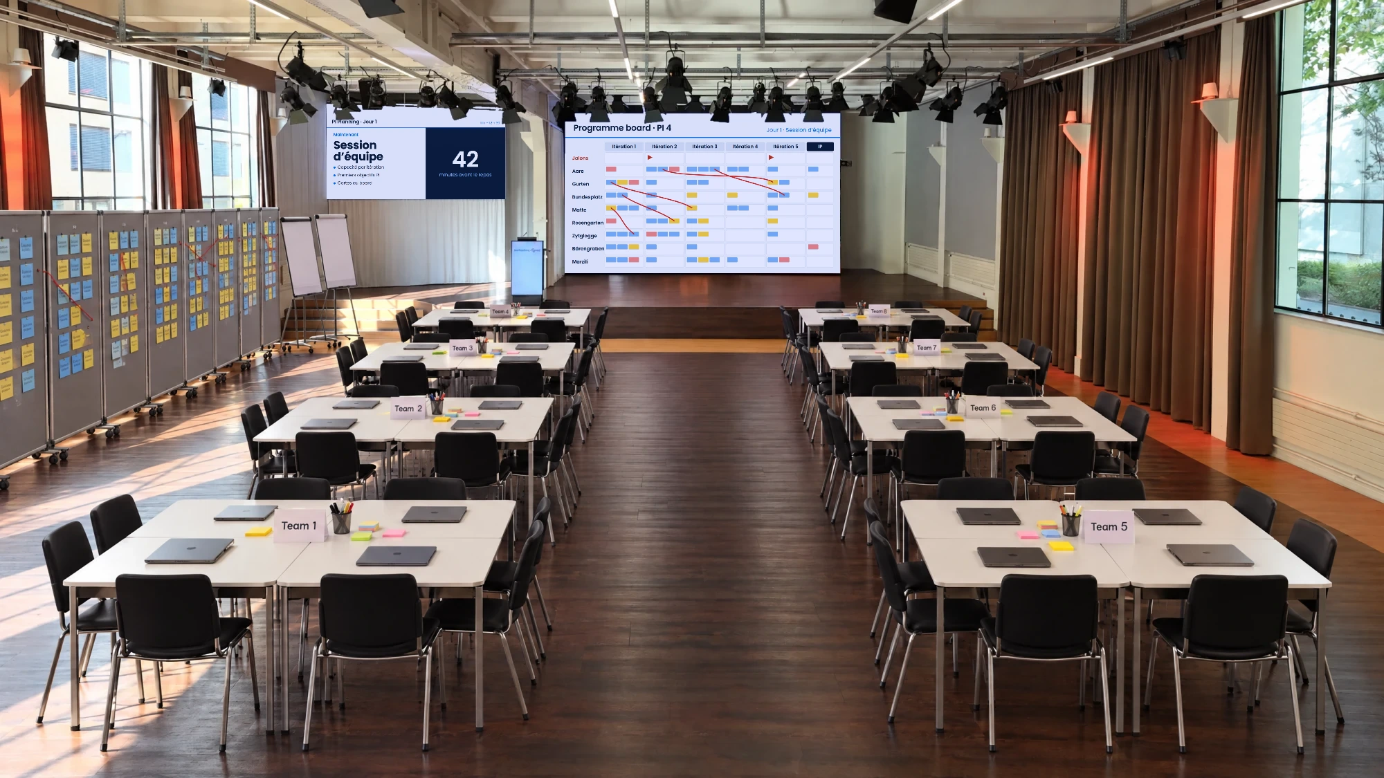 Photomontage : salle événementielle de l'Eventforum Bern avec huit îlots d'équipe, une rangée de panneaux d'affichage comme programme board, deux flipcharts et le board numérique sur le mur LED