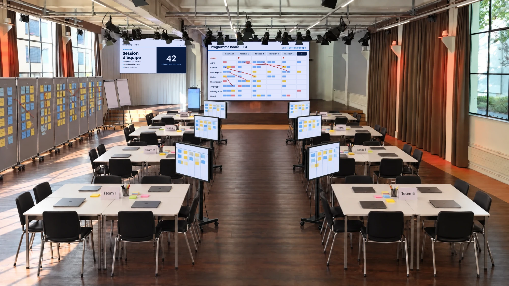 Photomontage : îlots d'équipe dans la salle événementielle de l'Eventforum Bern, à chaque table un écran mobile de 65 pouces avec le plan de l'équipe